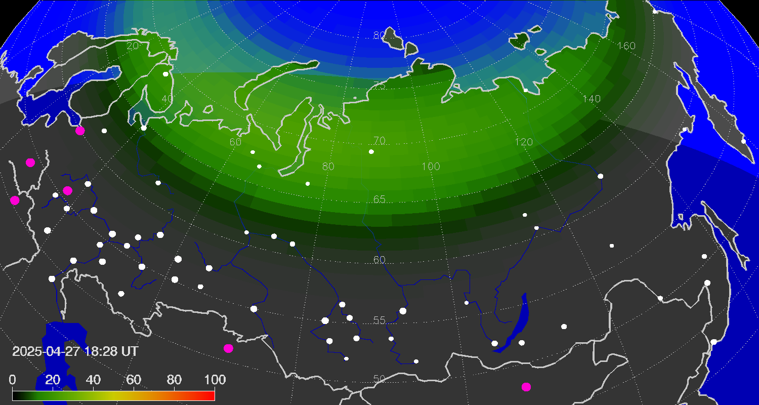 Northern lights (auroras) over the territory of Eurasia