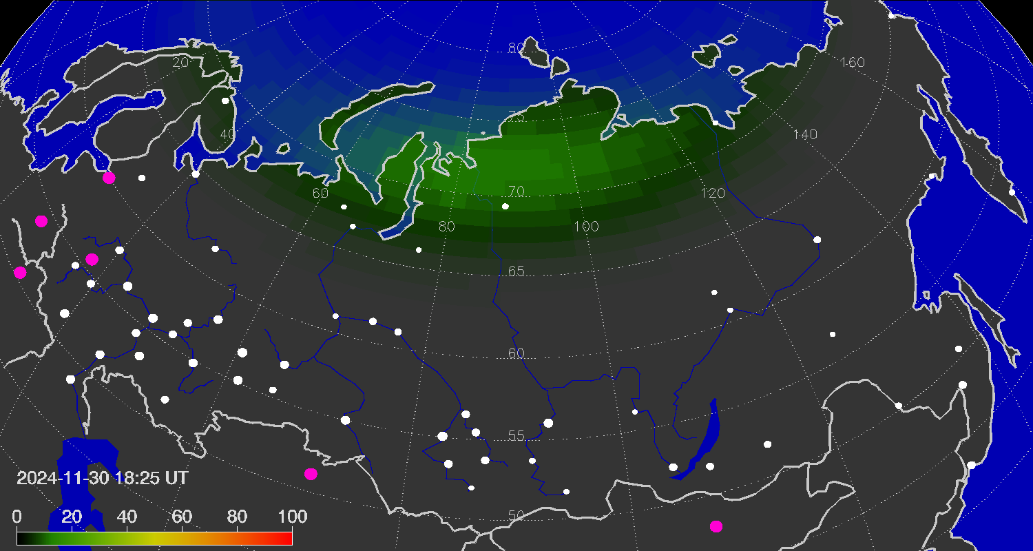 Зона полярных (северных) сияний над территорией Евразии