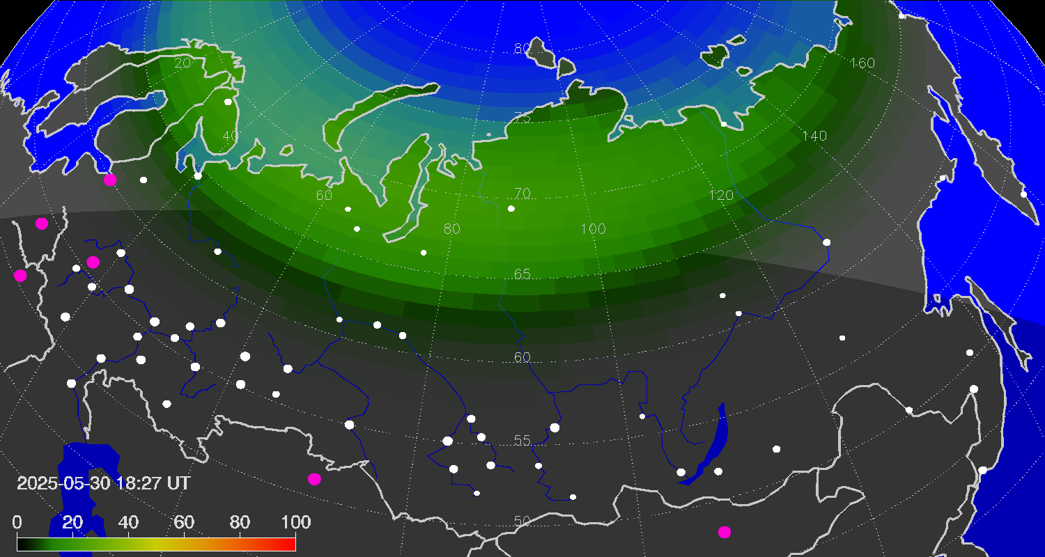 Northern lights (auroras) over the territory of Eurasia