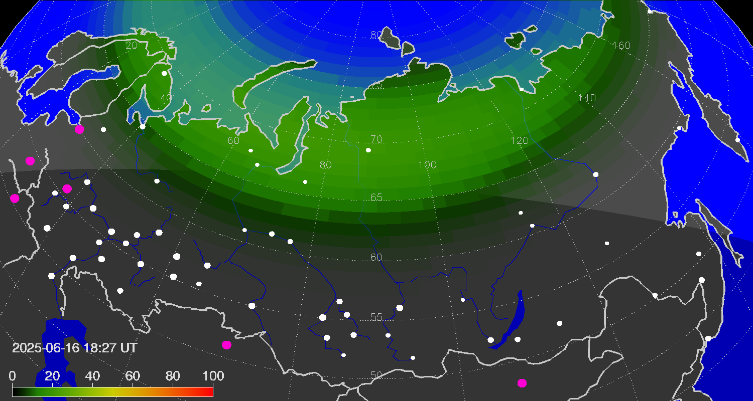 Northern lights (auroras) over the territory of Eurasia