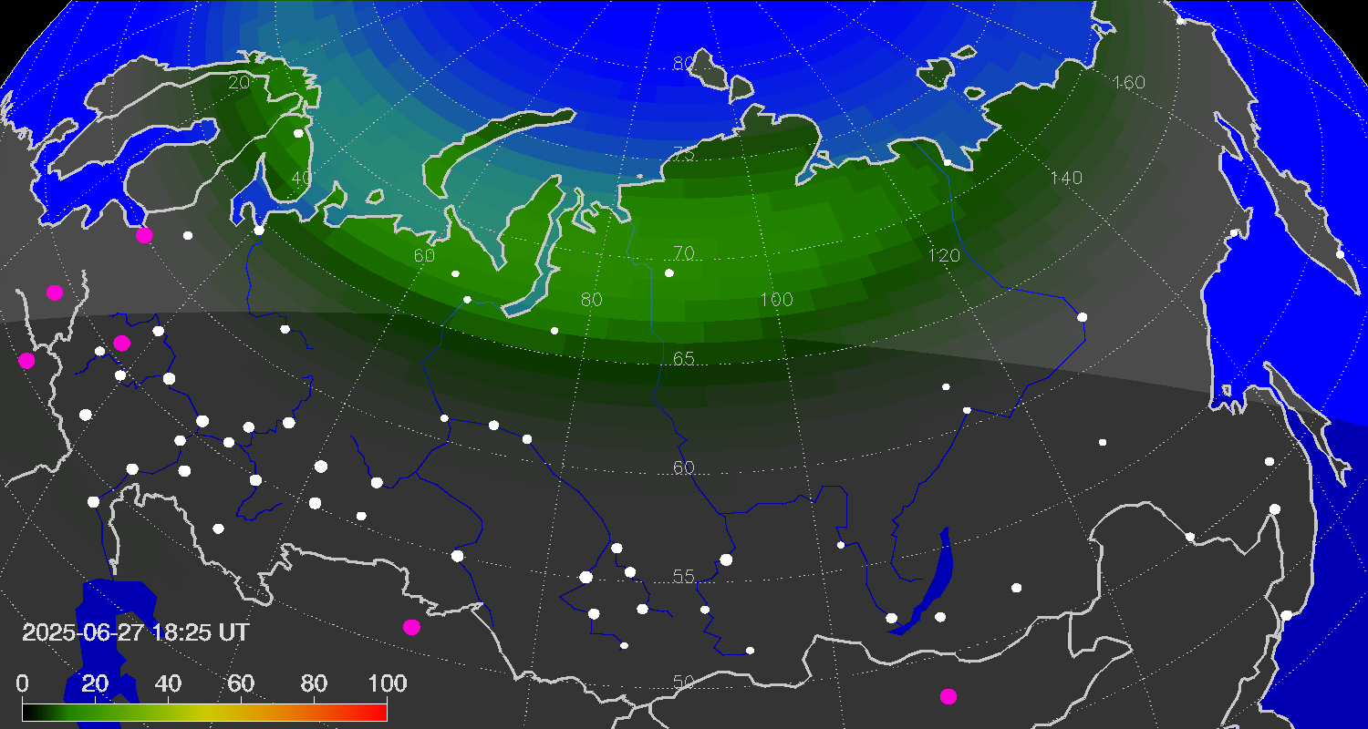 Northern lights (auroras) over the territory of Eurasia