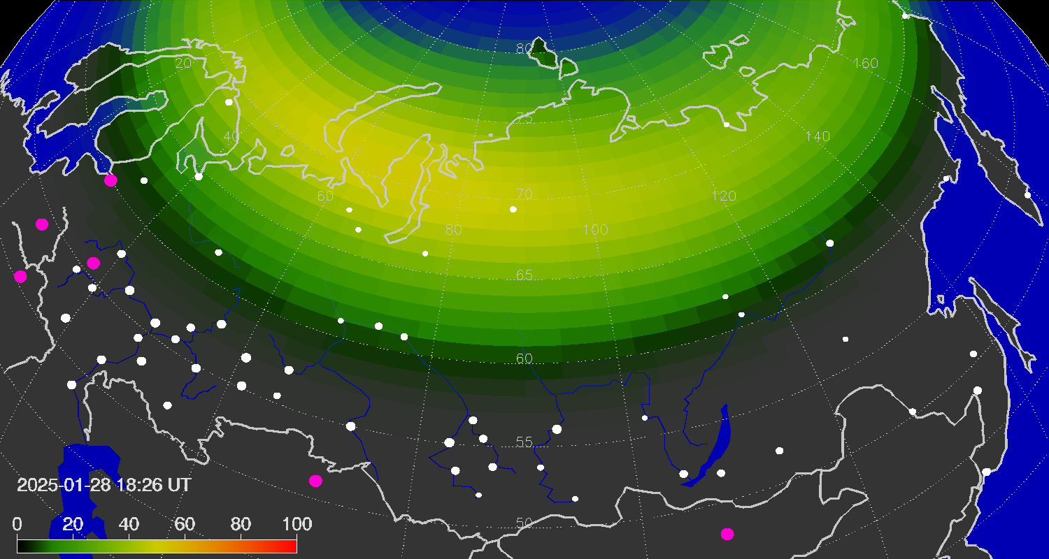 Northern lights (auroras) over the territory of Eurasia