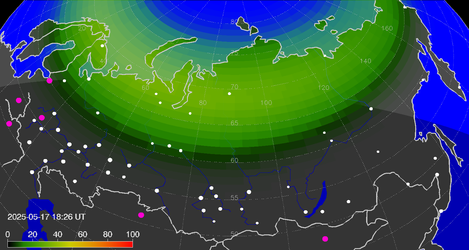 Зона полярных (северных) сияний над территорией Евразии