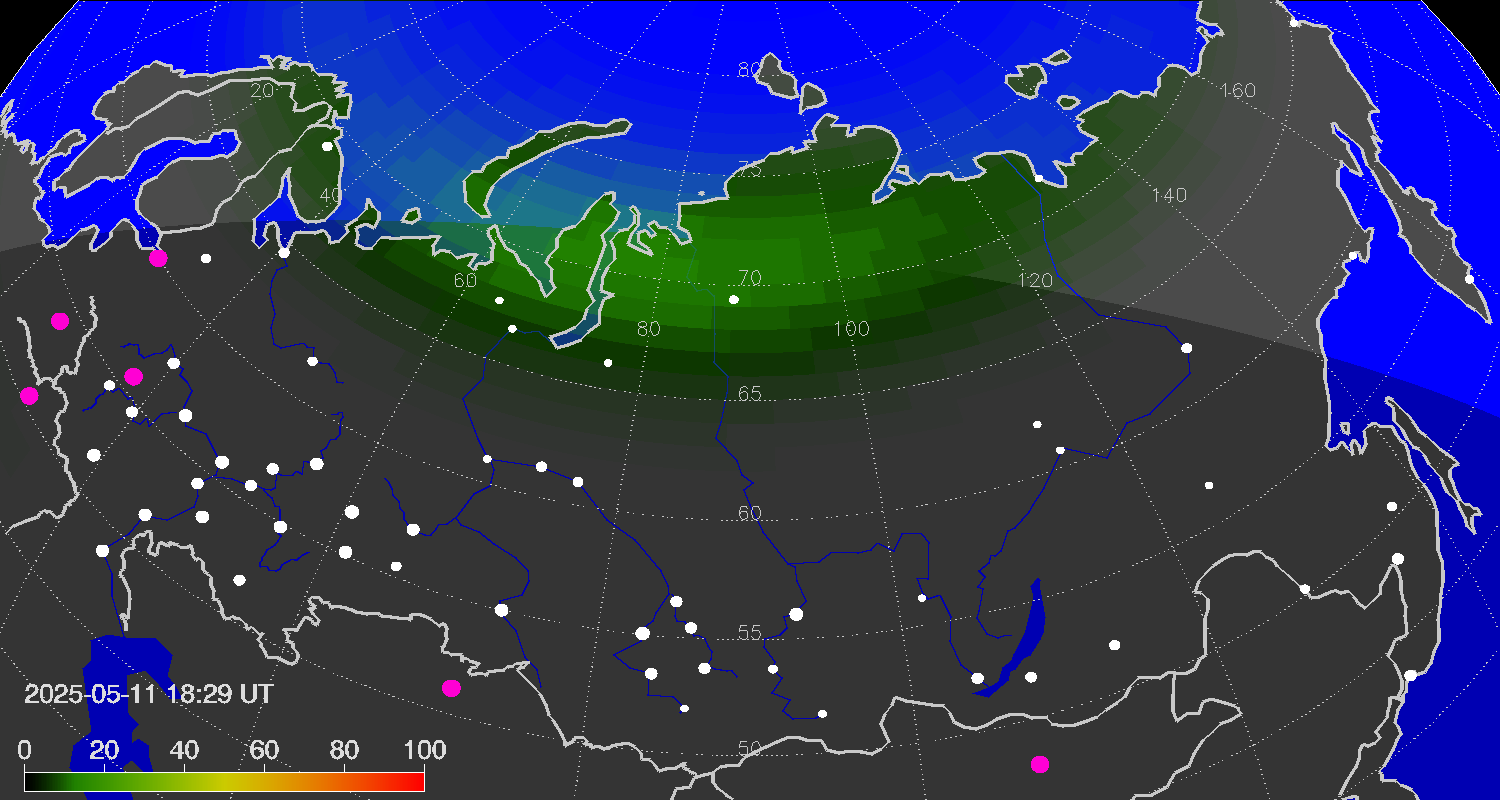 Northern lights (auroras) over the territory of Eurasia