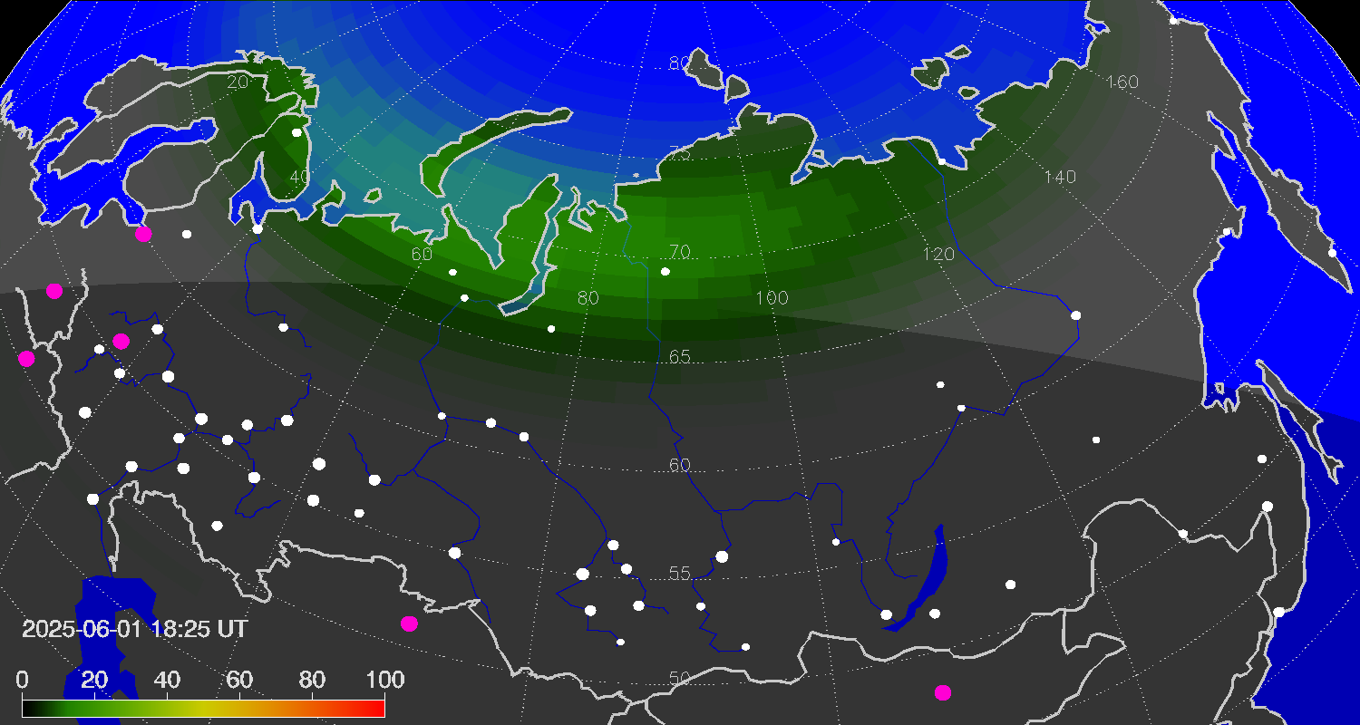 Зона полярных (северных) сияний над территорией Евразии