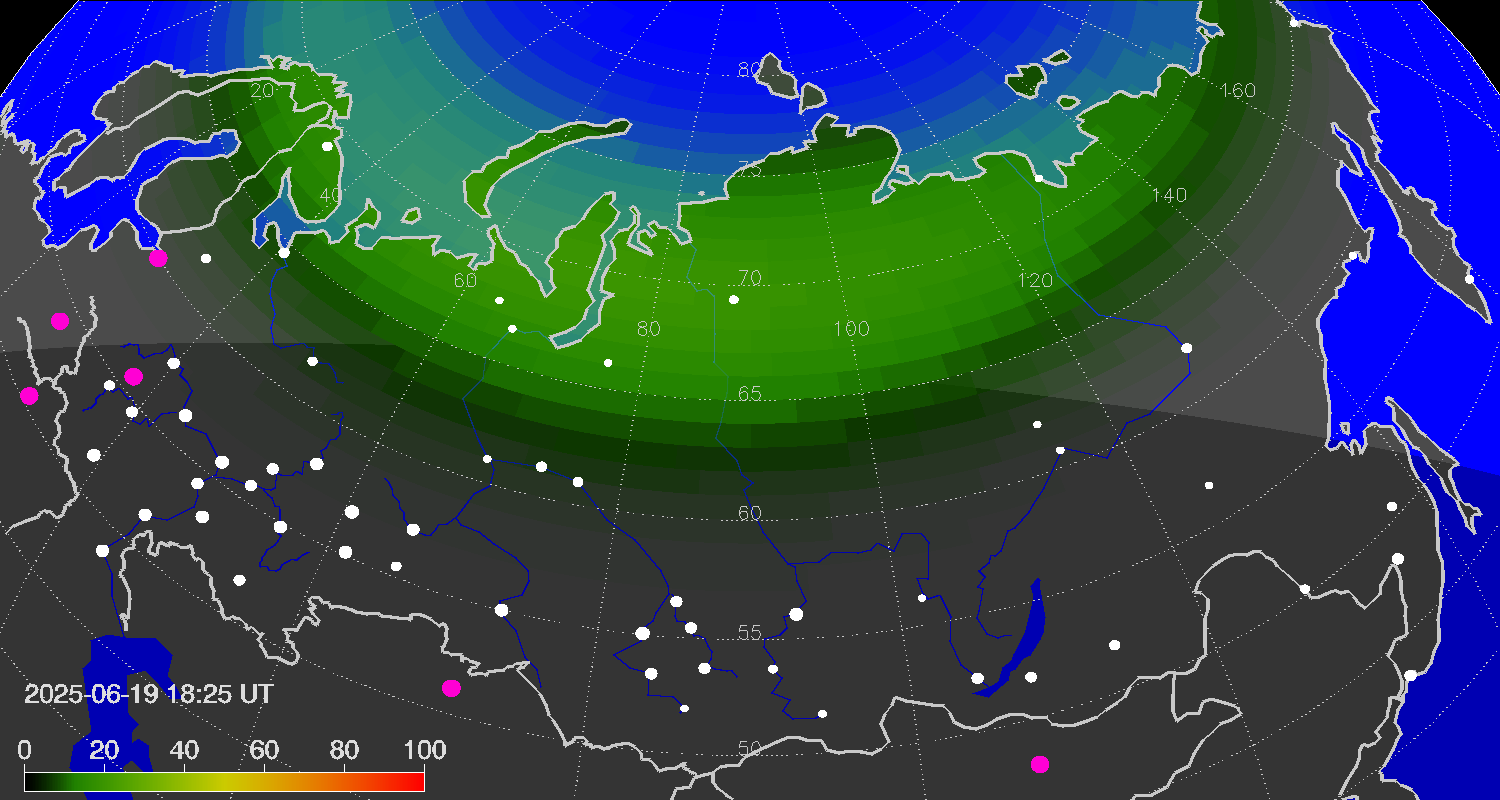 Northern lights (auroras) over the territory of Eurasia