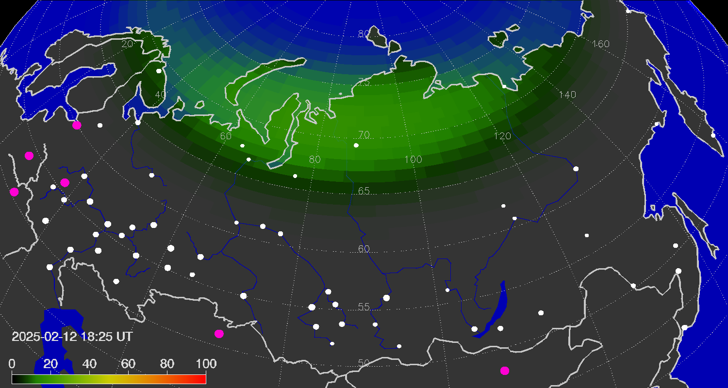 Northern lights (auroras) over the territory of Eurasia