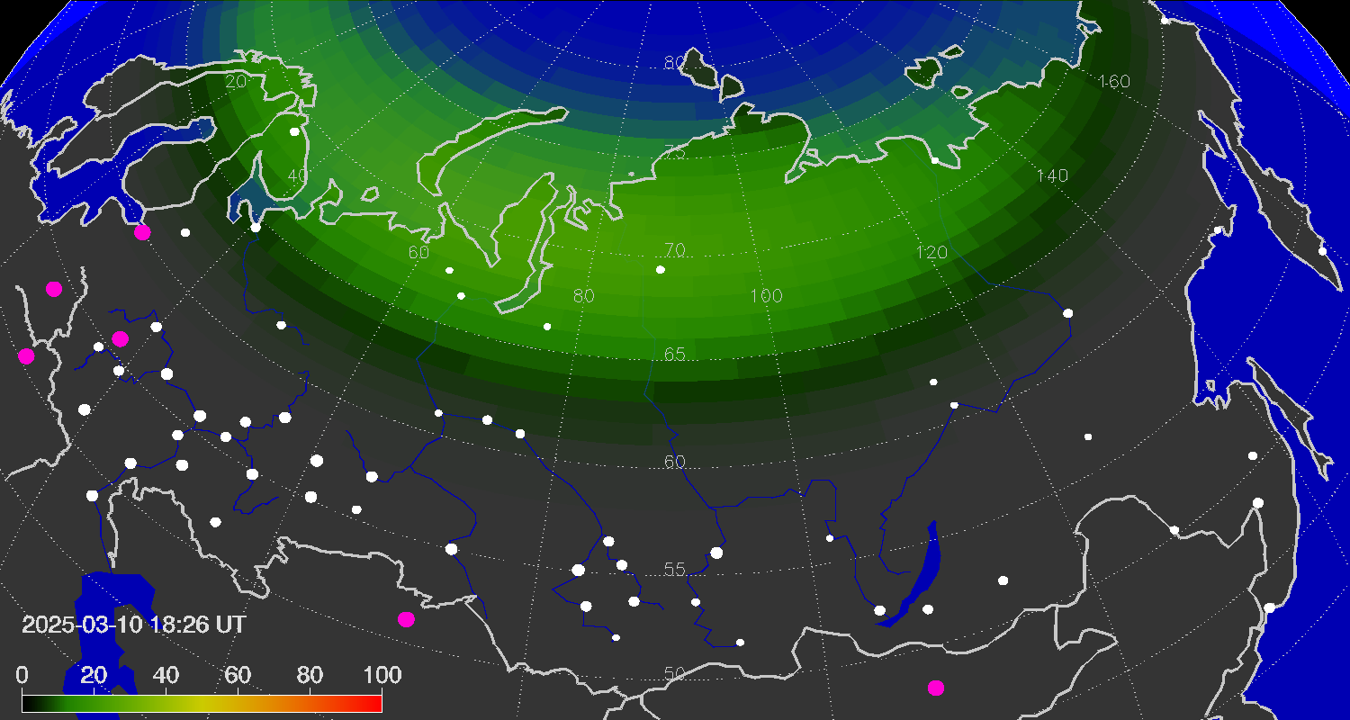 Northern lights (auroras) over the territory of Eurasia
