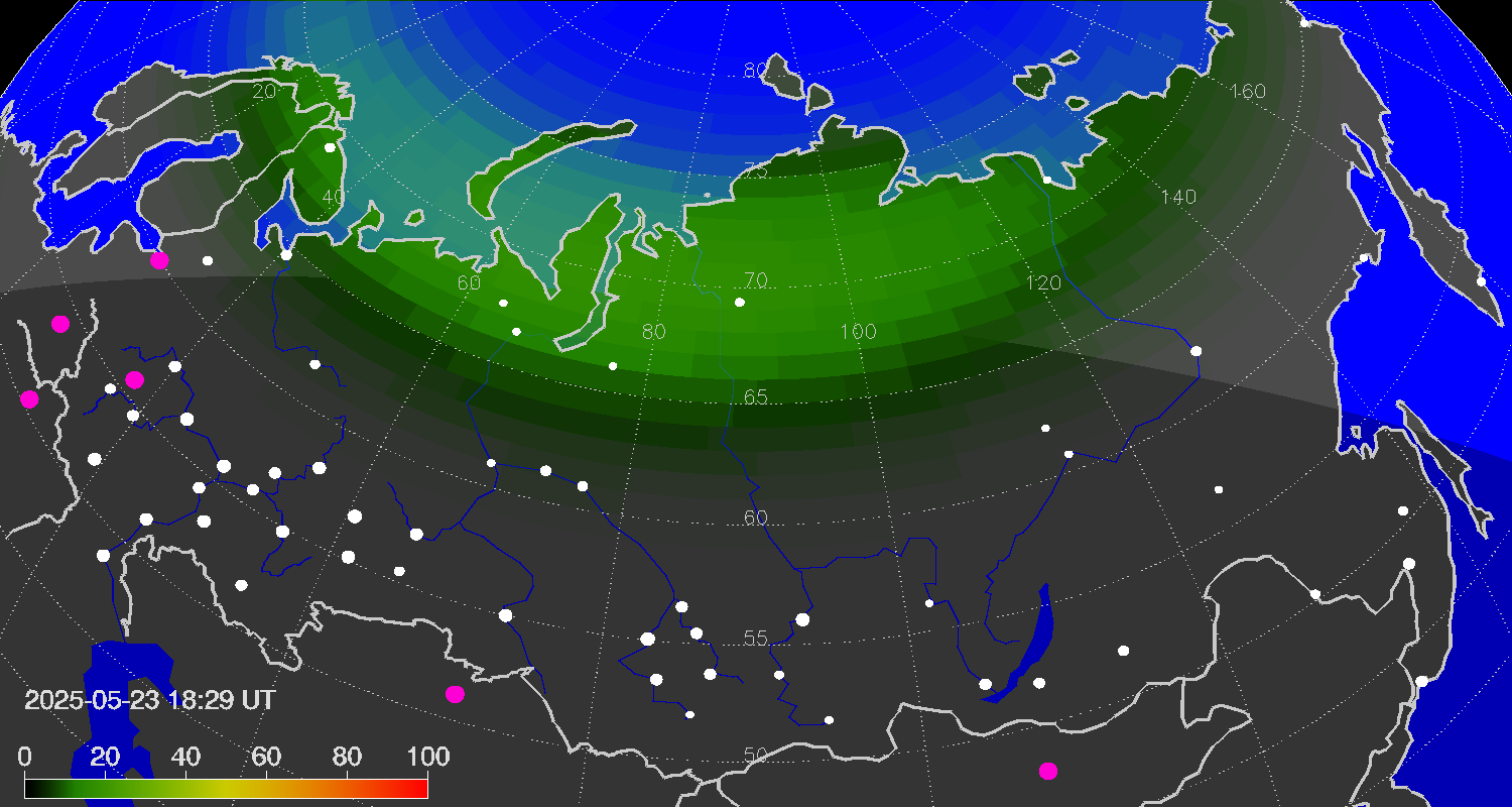 Northern lights (auroras) over the territory of Eurasia