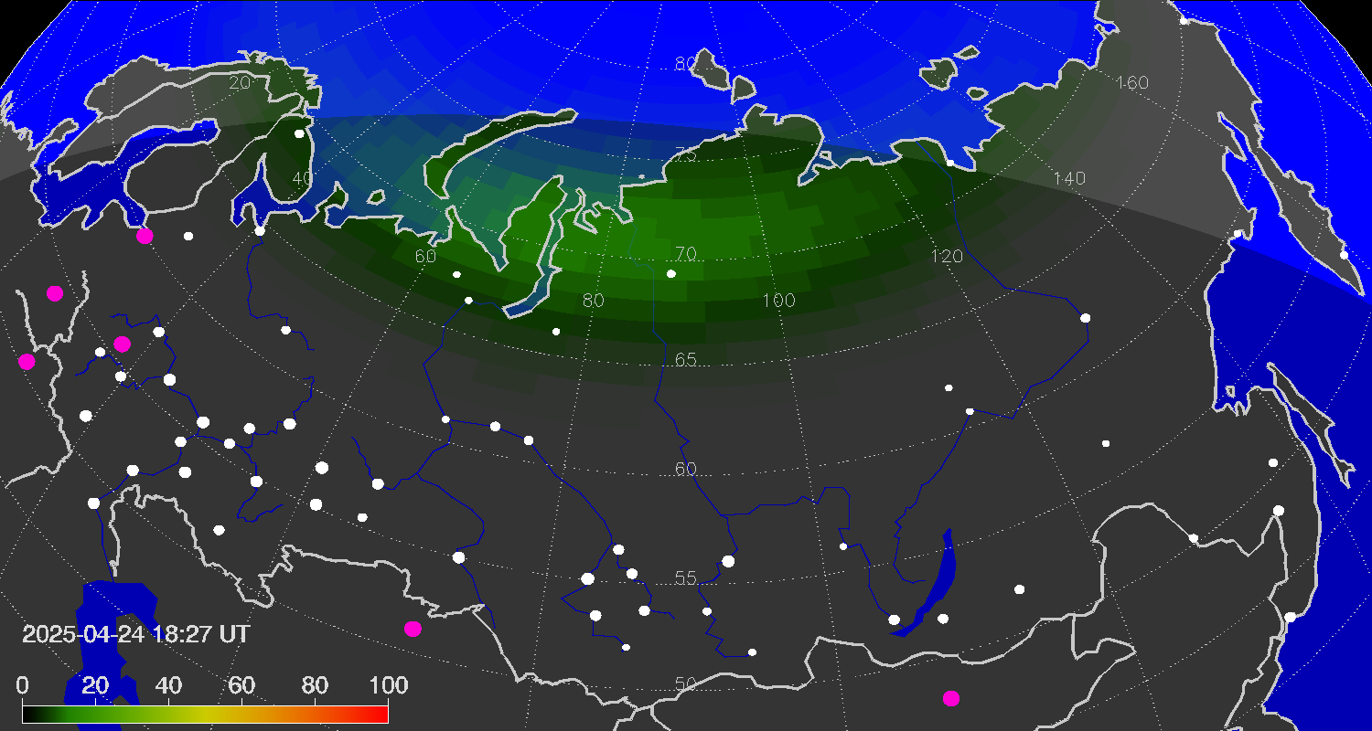 Northern lights (auroras) over the territory of Eurasia