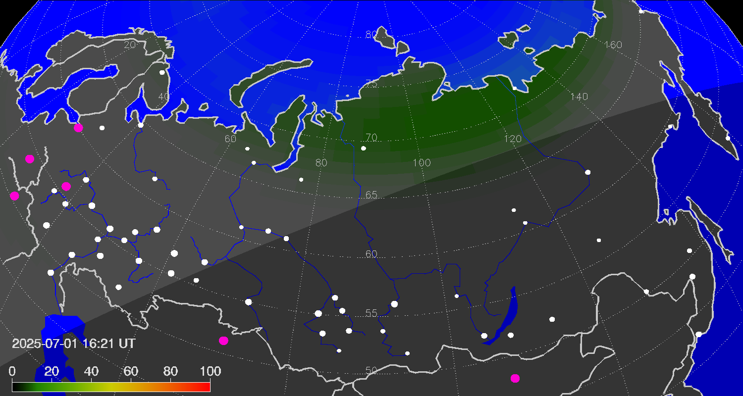 Northern lights (auroras) over the territory of Eurasia