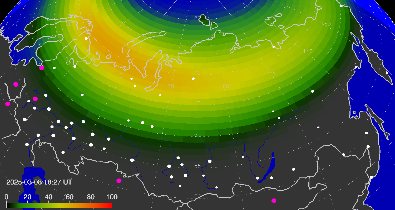Northern lights (auroras) over the territory of Eurasia