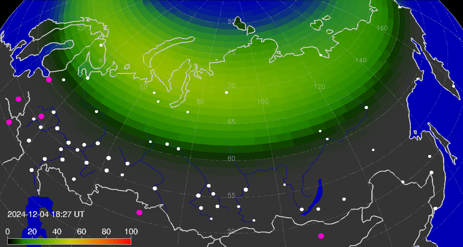 Northern lights (auroras) over the territory of Eurasia