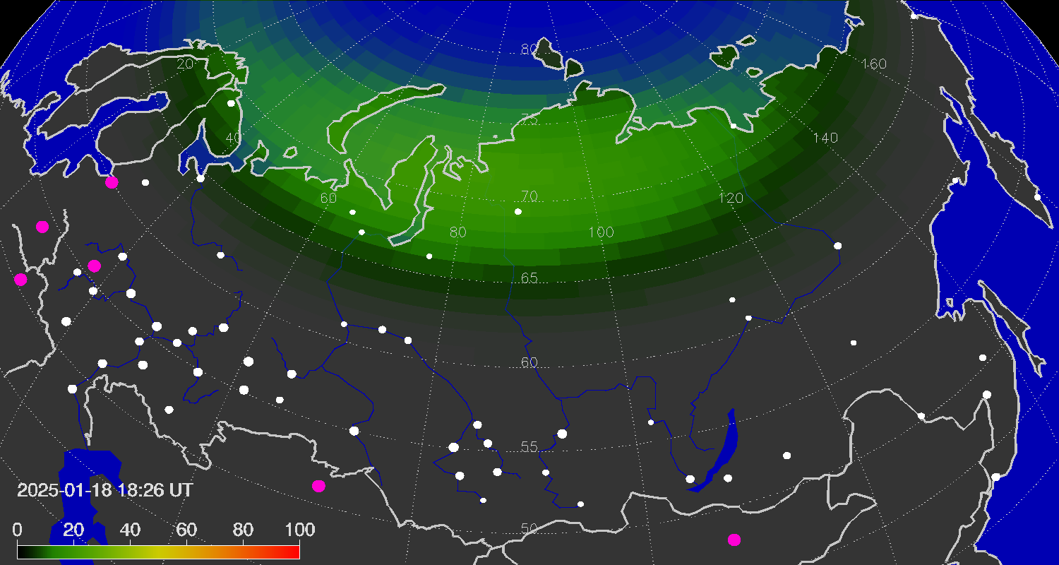 Northern lights (auroras) over the territory of Eurasia