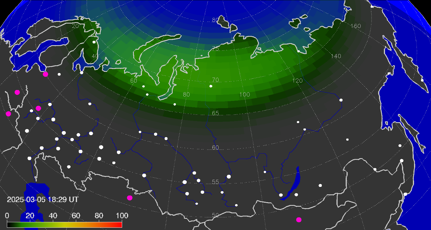 Зона полярных (северных) сияний над территорией Евразии