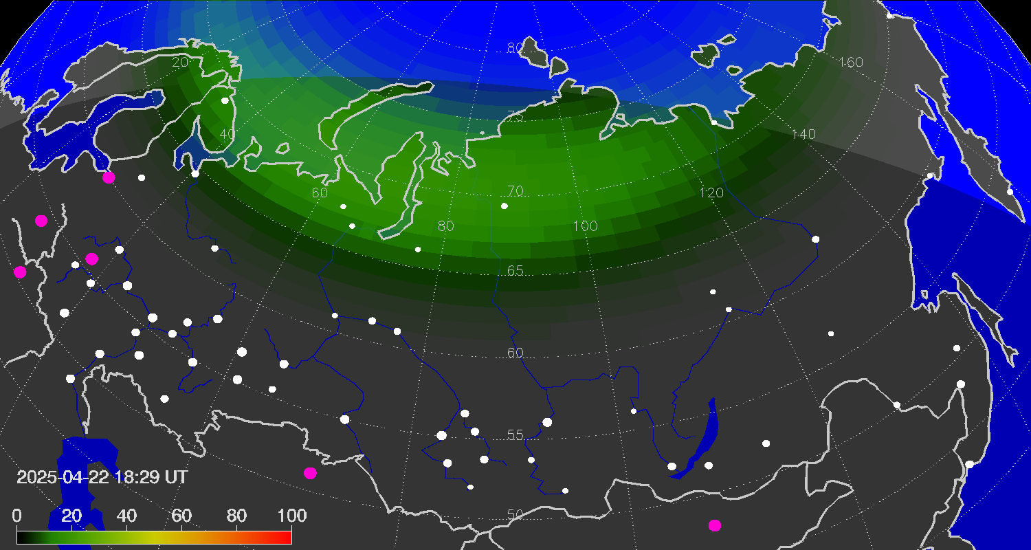 Northern lights (auroras) over the territory of Eurasia