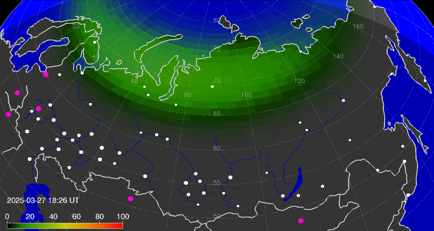 Northern lights (auroras) over the territory of Eurasia