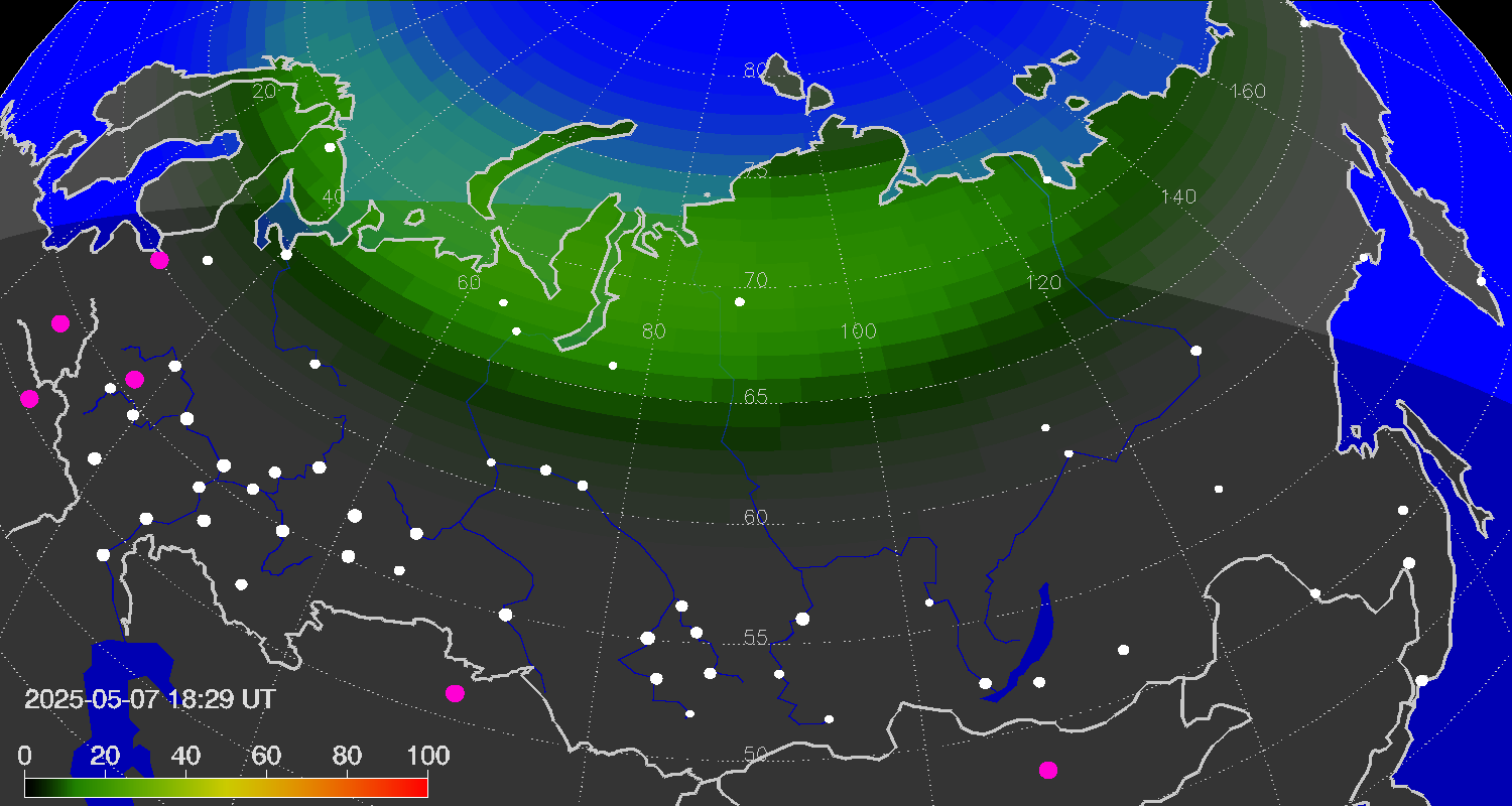 Northern lights (auroras) over the territory of Eurasia