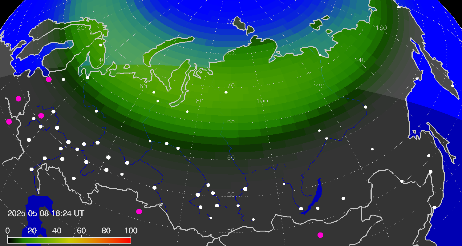 Northern lights (auroras) over the territory of Eurasia