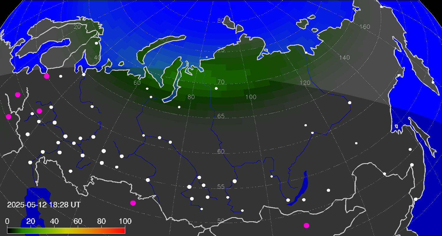 Northern lights (auroras) over the territory of Eurasia
