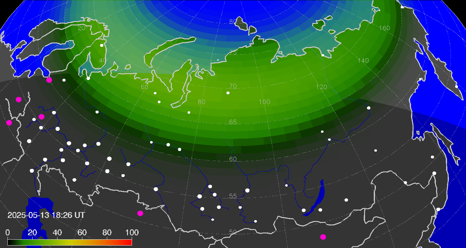Northern lights (auroras) over the territory of Eurasia