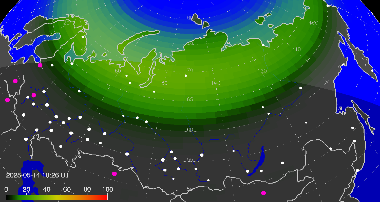 Northern lights (auroras) over the territory of Eurasia