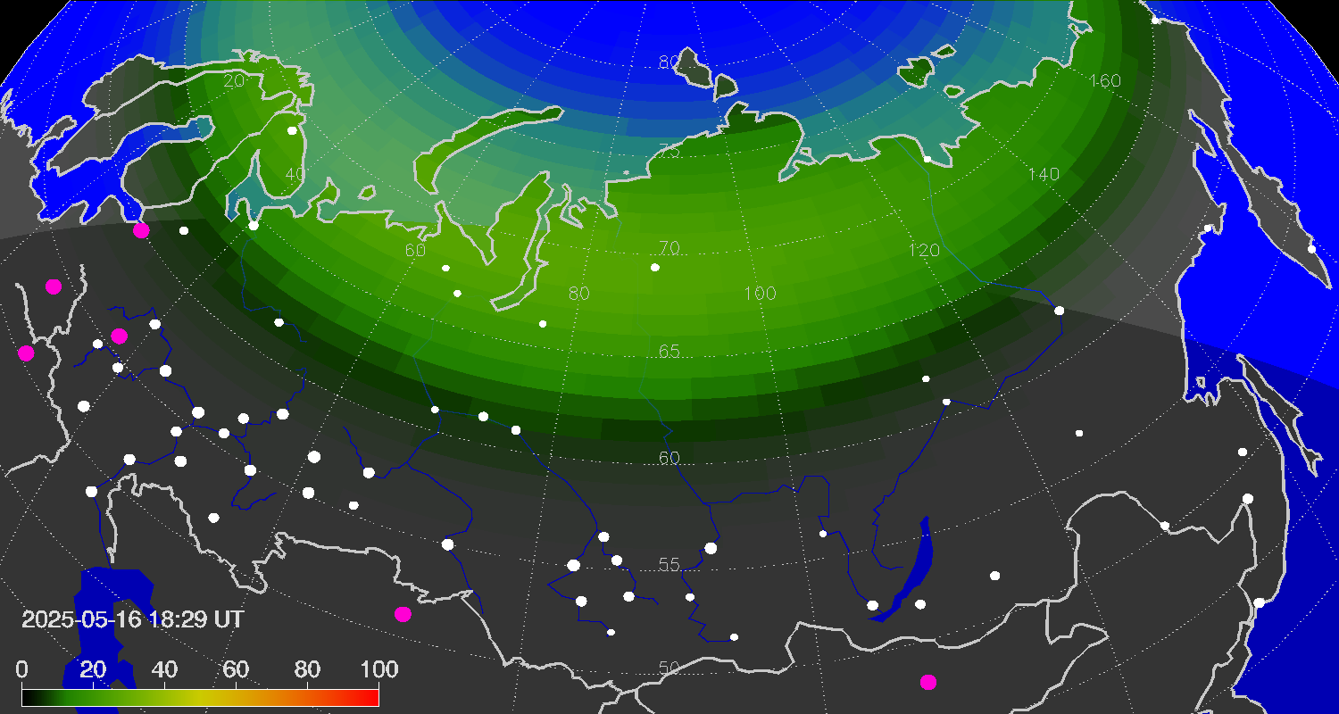 Northern lights (auroras) over the territory of Eurasia