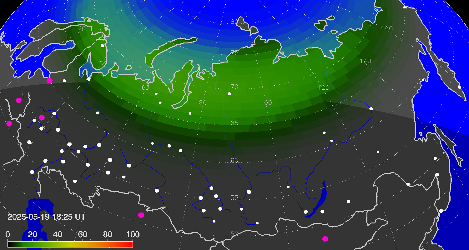 Northern lights (auroras) over the territory of Eurasia