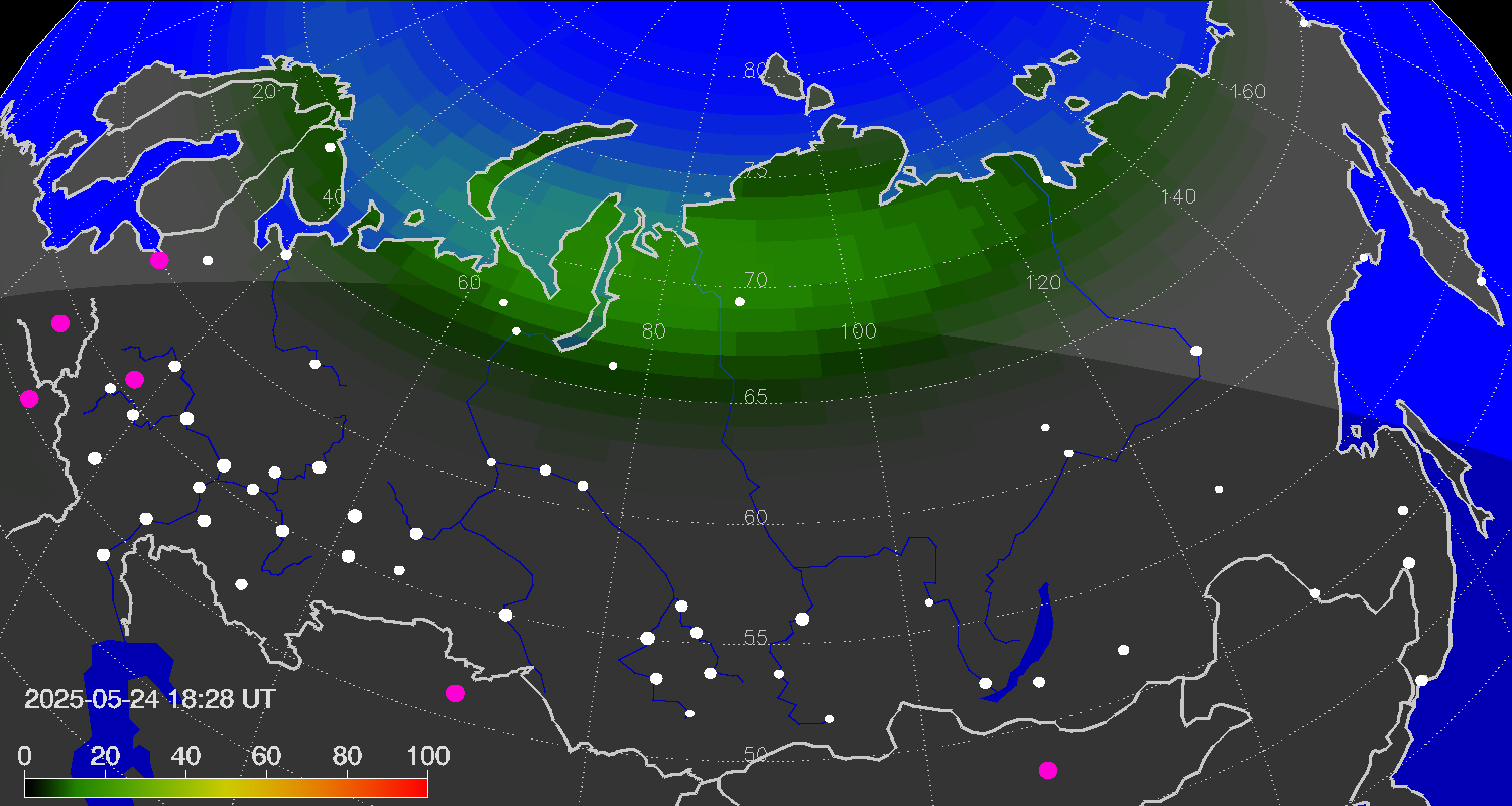 Northern lights (auroras) over the territory of Eurasia