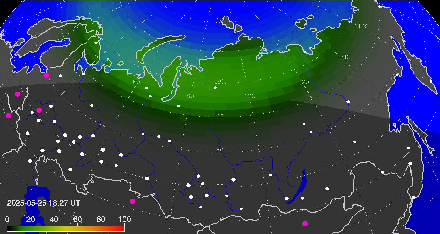 Зона полярных (северных) сияний над территорией Евразии
