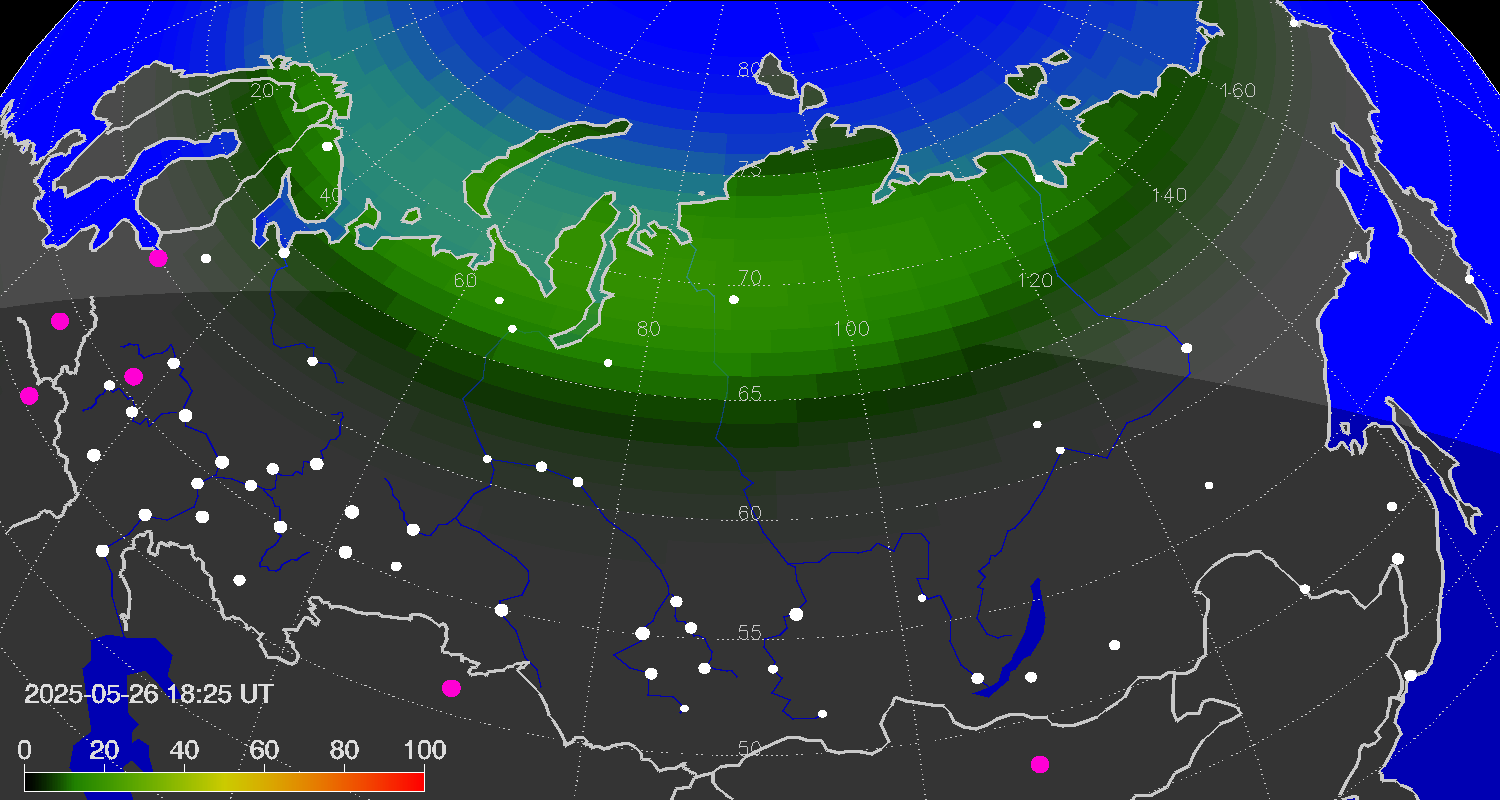 Northern lights (auroras) over the territory of Eurasia