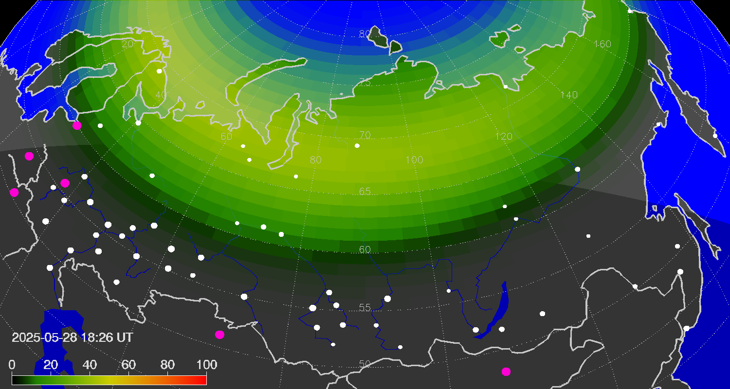 Northern lights (auroras) over the territory of Eurasia