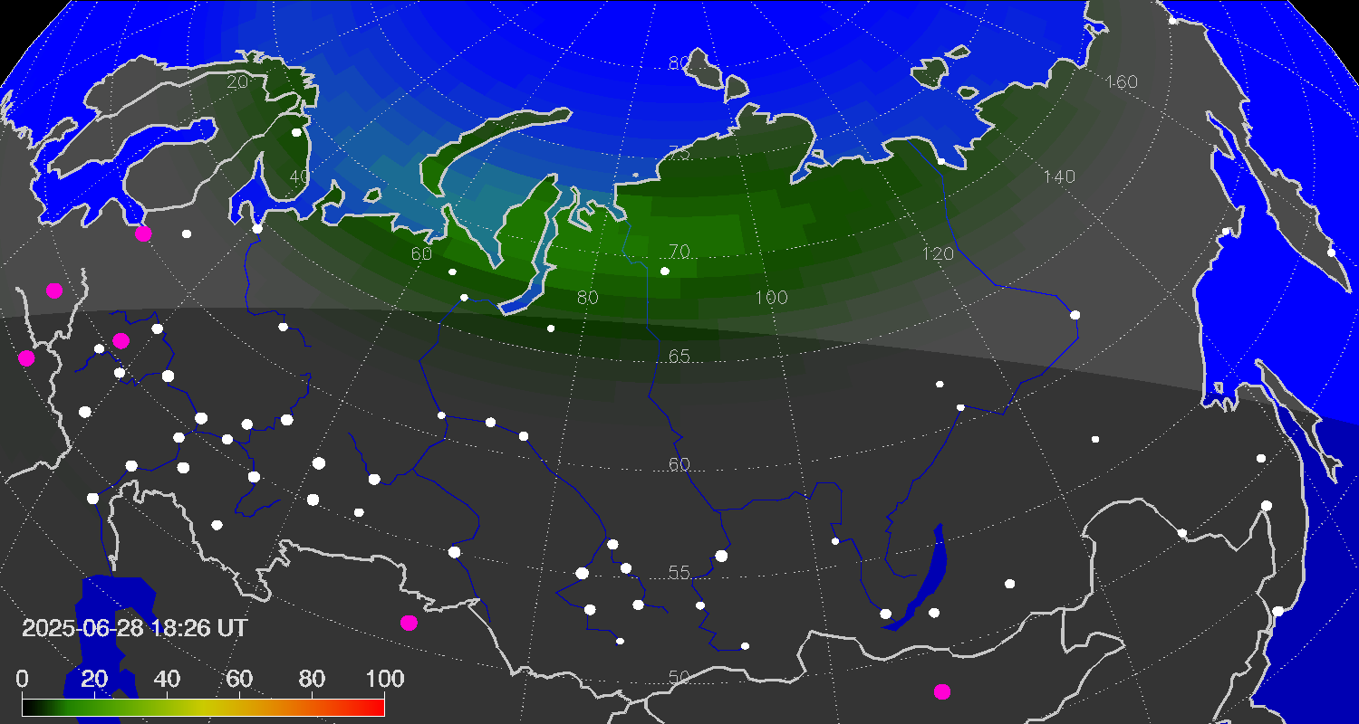 Northern lights (auroras) over the territory of Eurasia