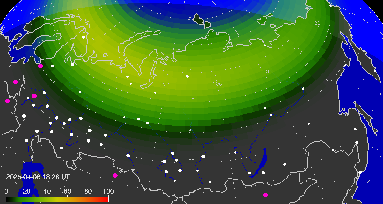 Northern lights (auroras) over the territory of Eurasia