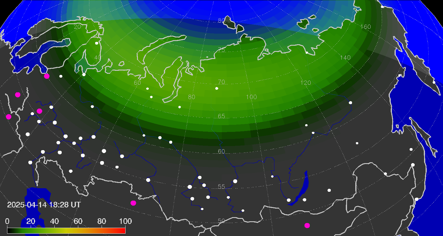 Northern lights (auroras) over the territory of Eurasia