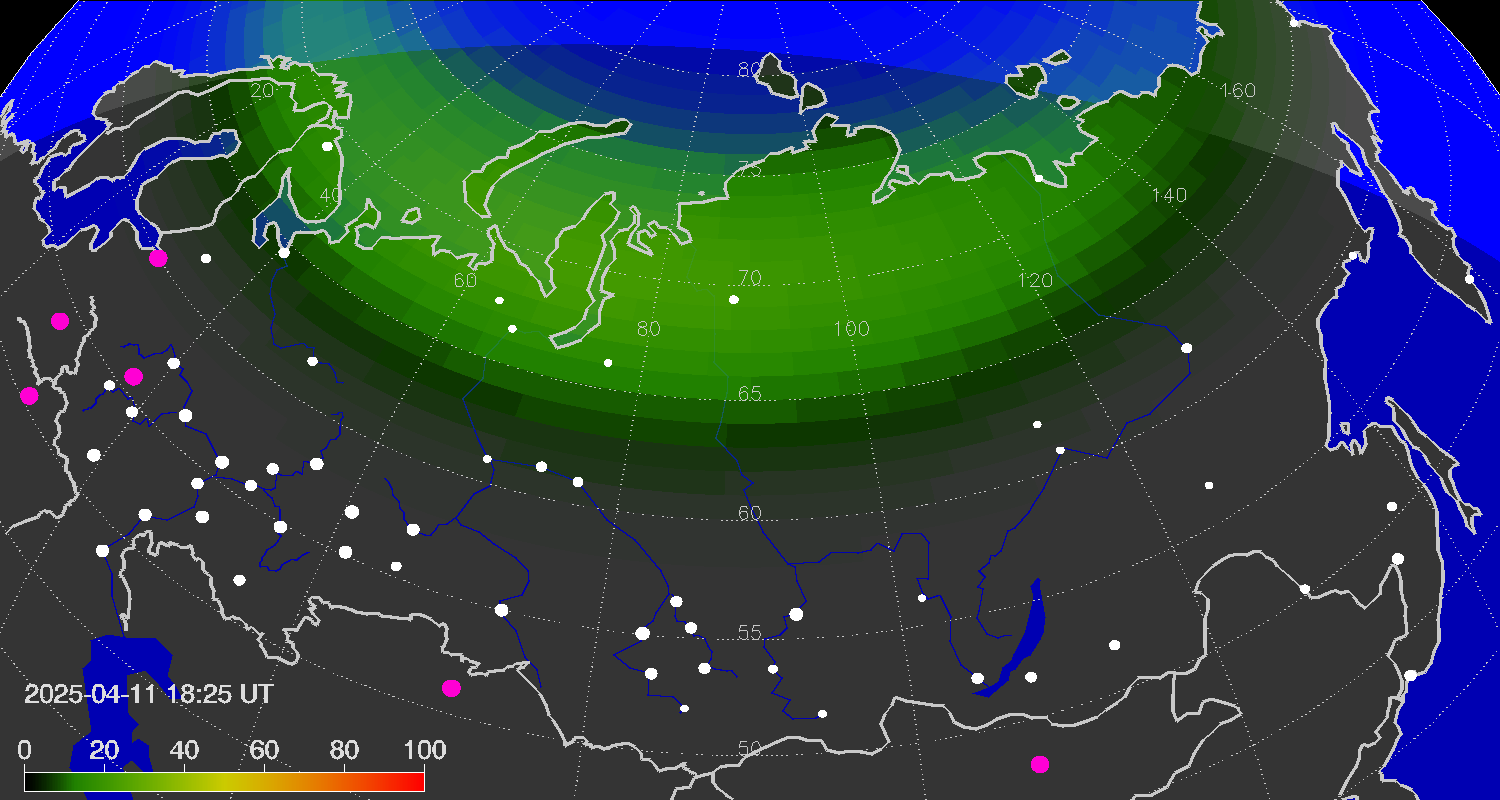 Northern lights (auroras) over the territory of Eurasia