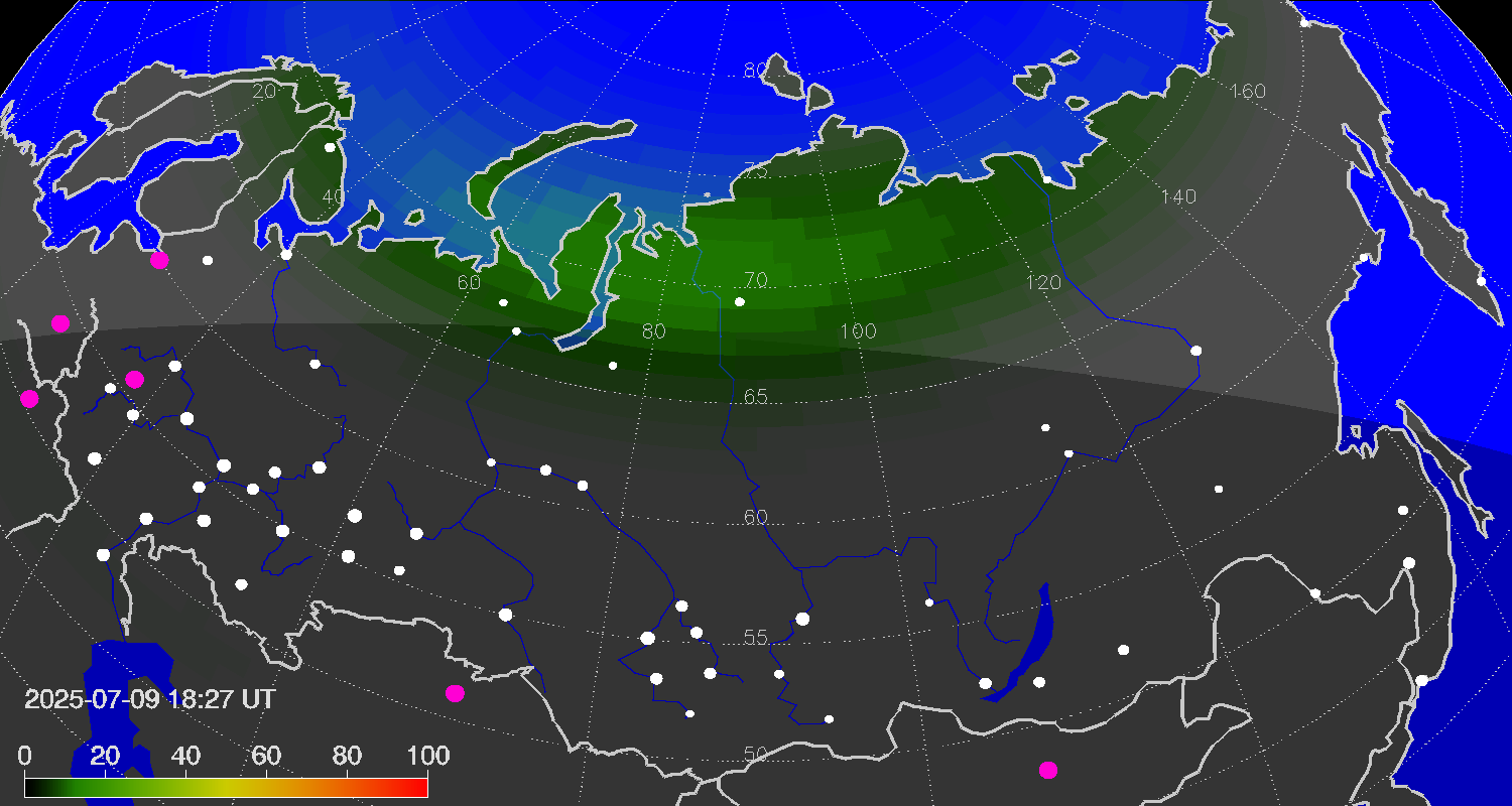 Northern lights (auroras) over the territory of Eurasia