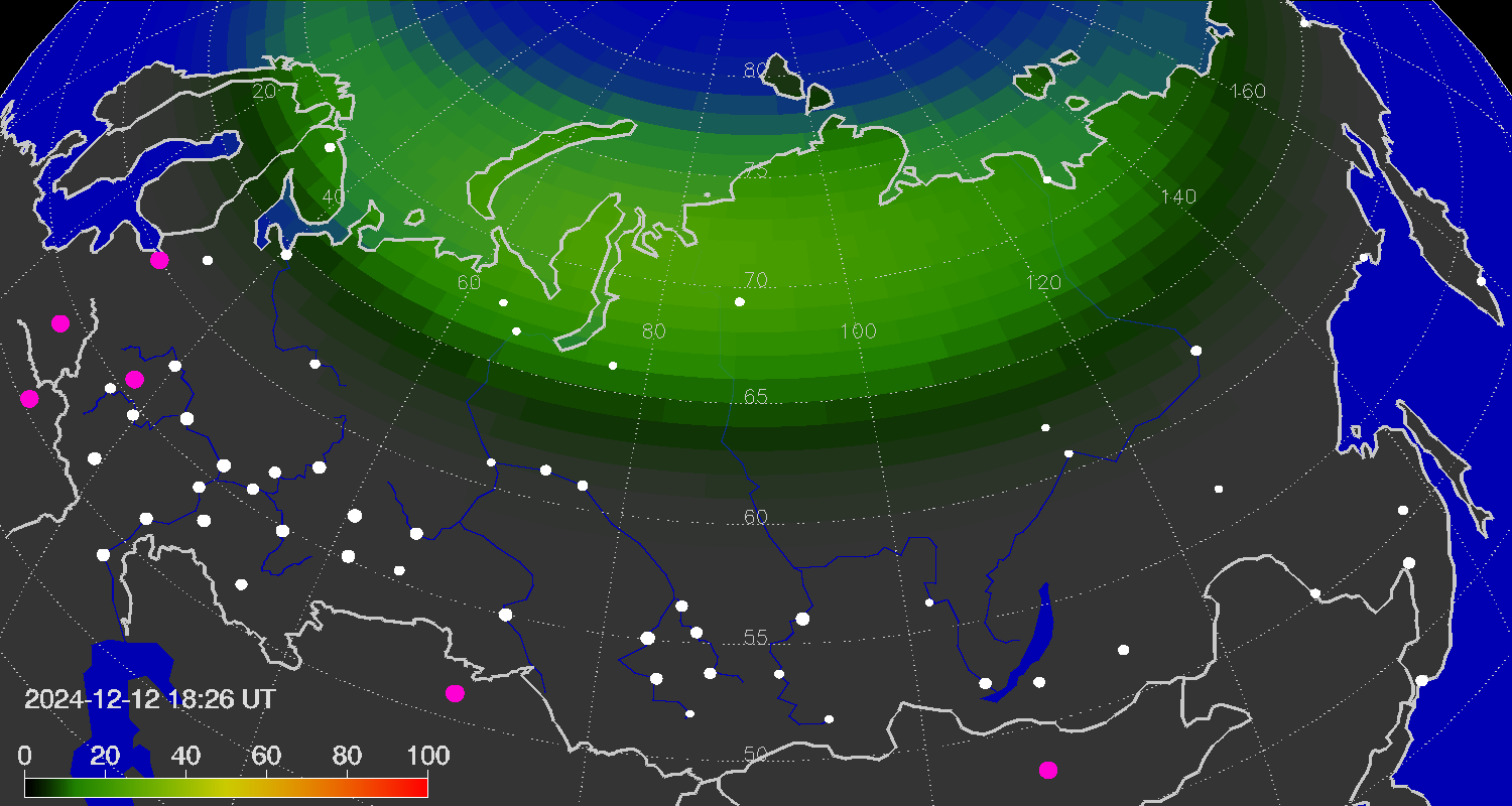 Northern lights (auroras) over the territory of Eurasia