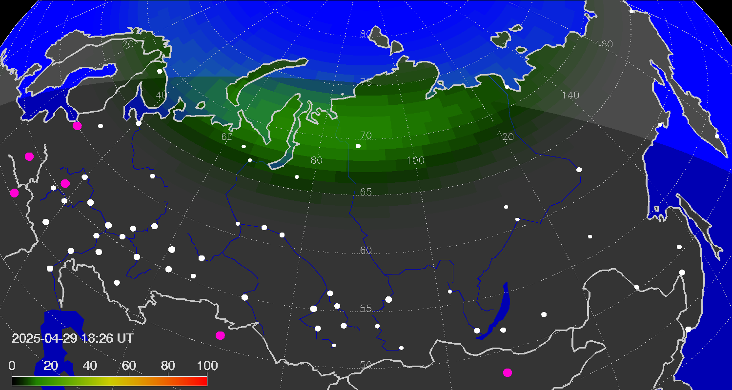 Northern lights (auroras) over the territory of Eurasia