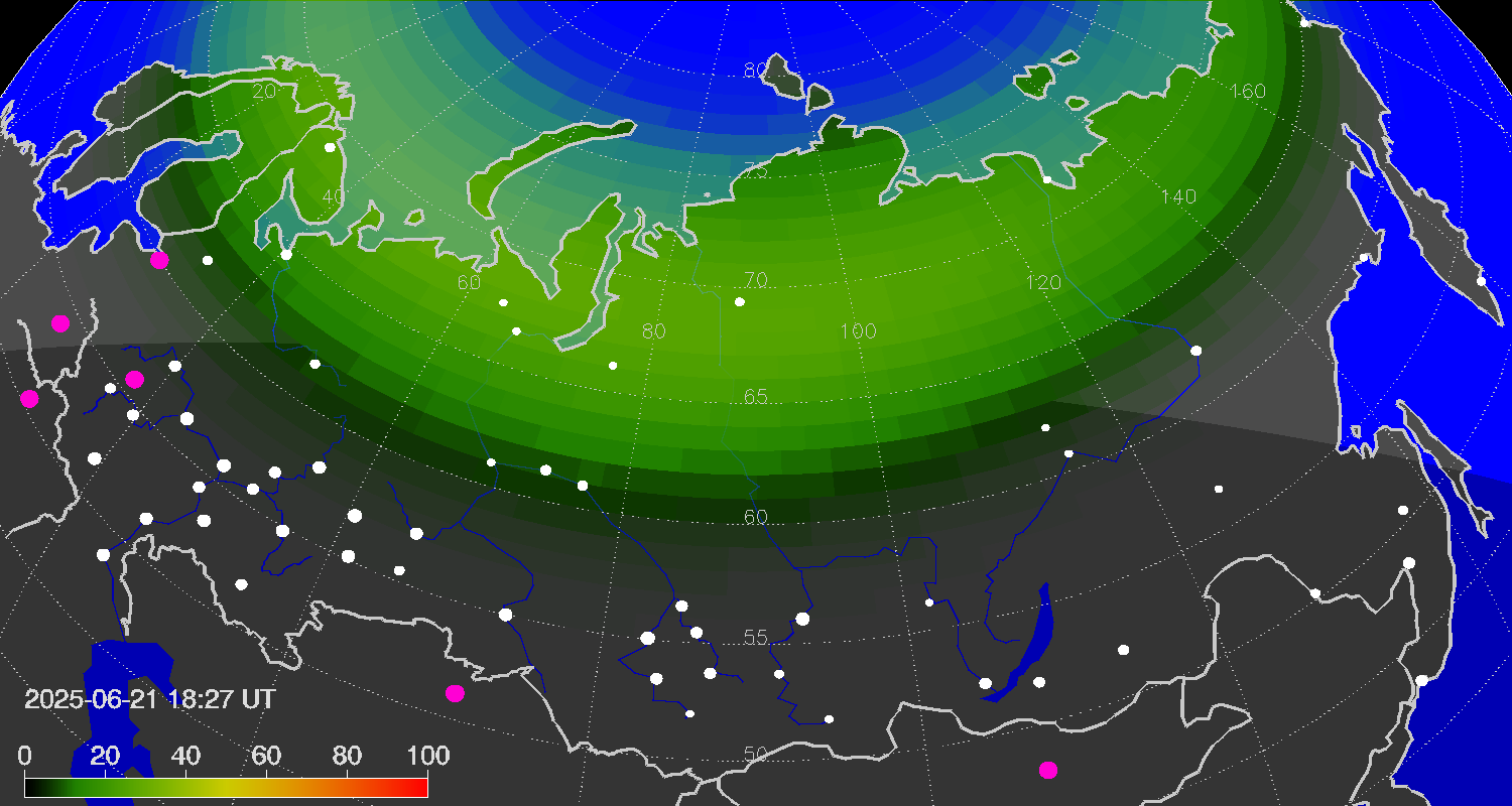 Зона полярных (северных) сияний над территорией Евразии