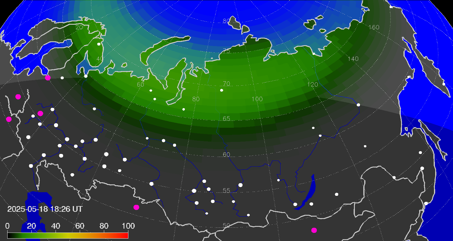 Northern lights (auroras) over the territory of Eurasia