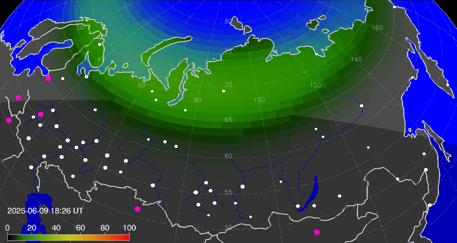 Northern lights (auroras) over the territory of Eurasia