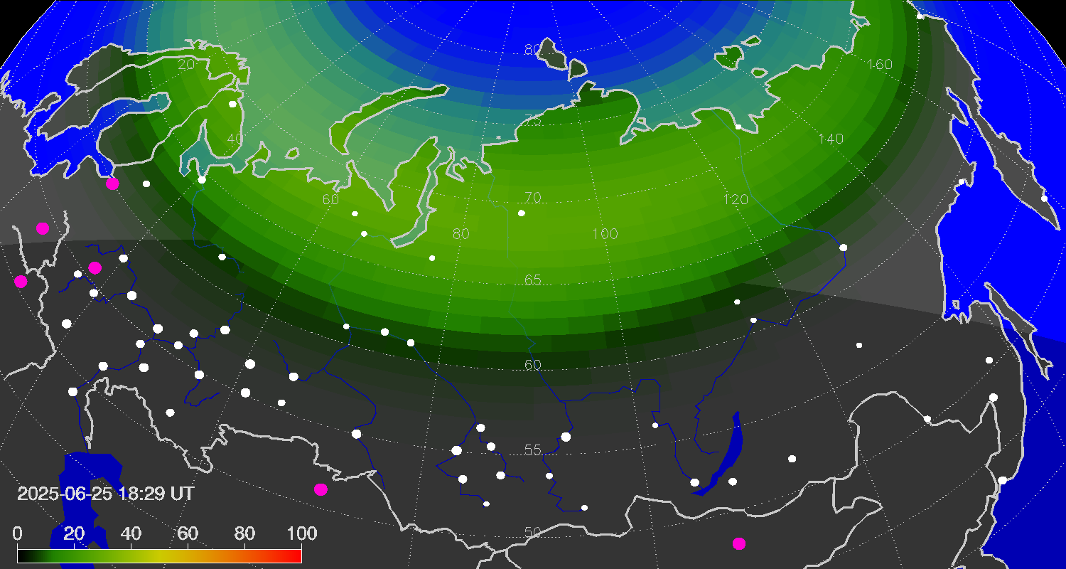 Northern lights (auroras) over the territory of Eurasia
