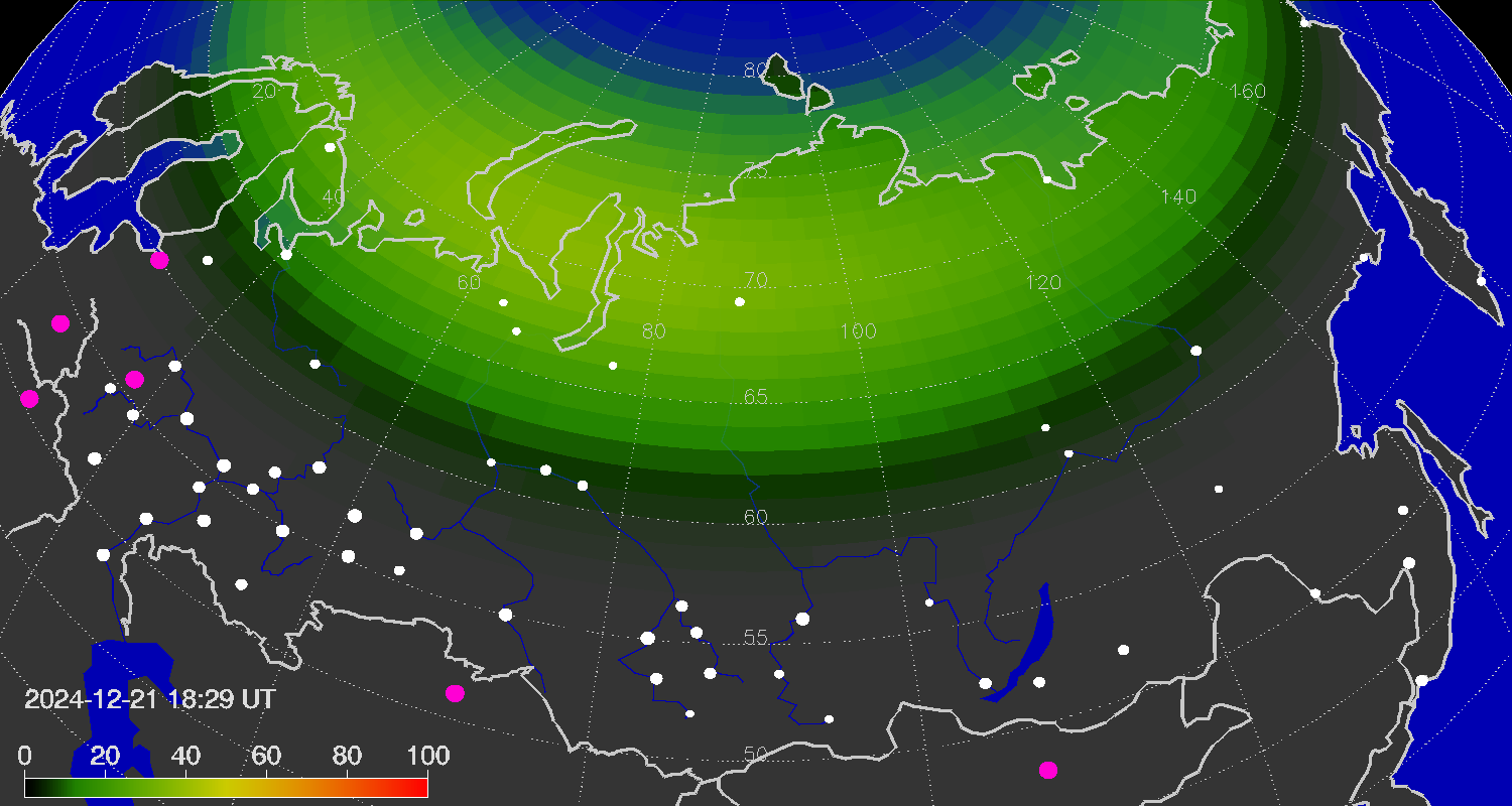 Northern lights (auroras) over the territory of Eurasia