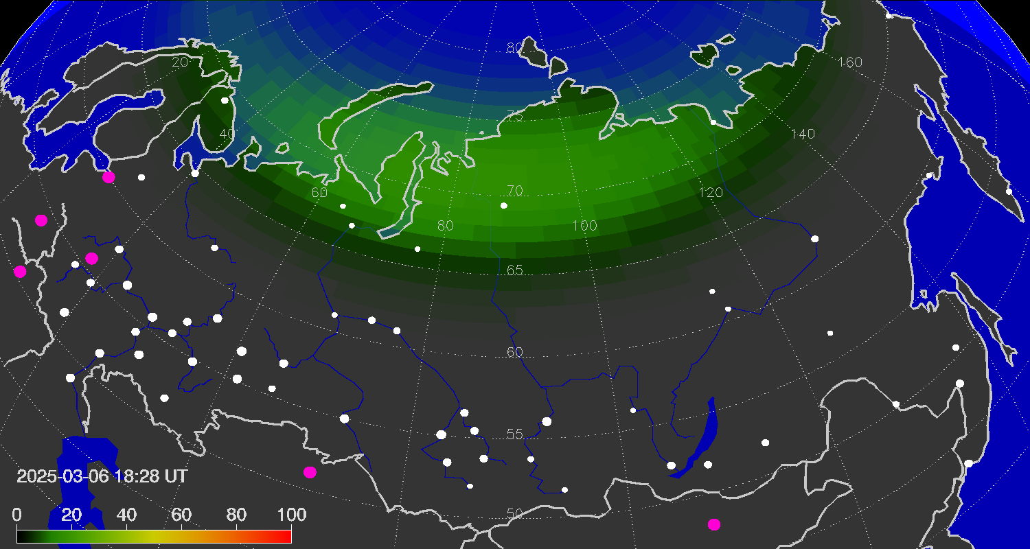 Northern lights (auroras) over the territory of Eurasia