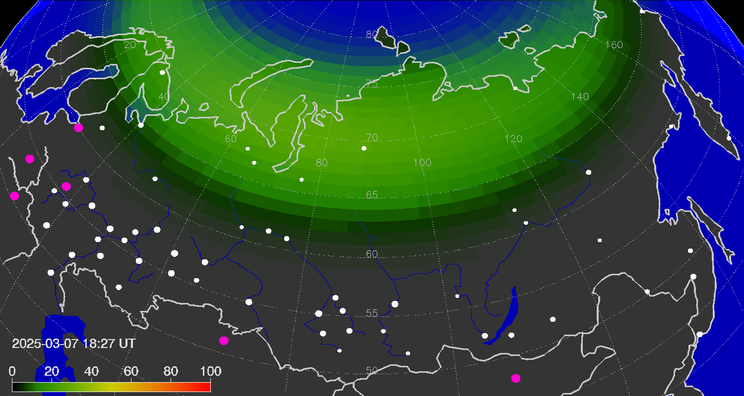 Northern lights (auroras) over the territory of Eurasia