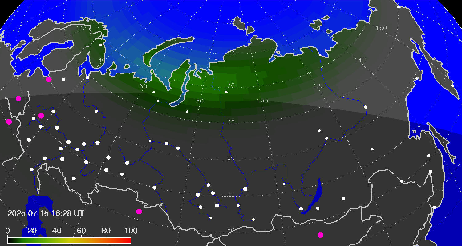 Зона полярных (северных) сияний над территорией Евразии