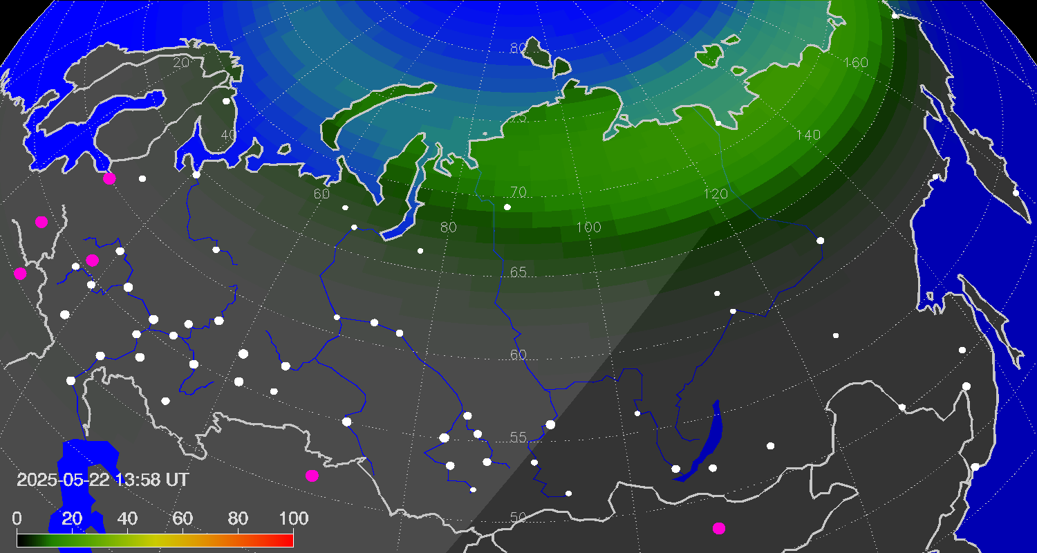 Northern lights (auroras) over Russian Federation