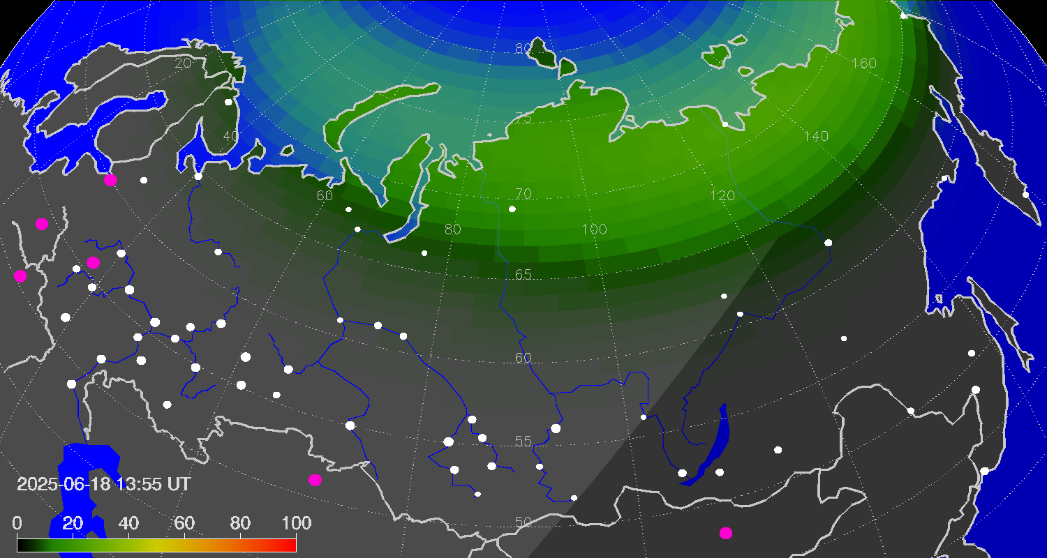 Northern lights (auroras) over Russian Federation