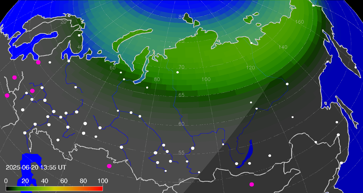 Northern lights (auroras) over Russian Federation